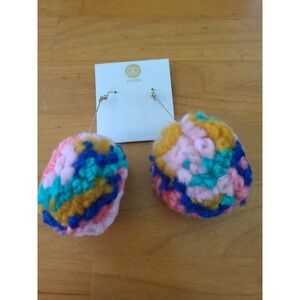 Gorjana Multicolor Pom Pom Dangle Earrings Gold Tone Knit Yarn Statement Boho
